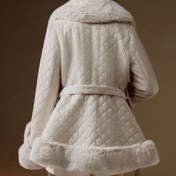 Apricot Casual Women's Elegant Beaded Waist faux Fur Collar jacket coat - Picture 3 of 10